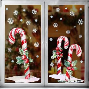 Christmas Window Clings Decor, 2 Sheets Extra Large Candy Cane Window Clings with Red Berry and Holly Leaves, Rustic Candy Snowflakes Xmas Window Stickers for Home Office Holiday Party Décor