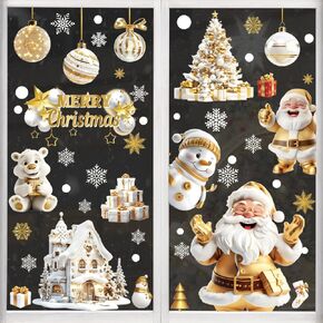 Christmas Window Clings, 159 PCS Double-Side Christmas Decorations for Glass Windows, 3D Golden Santa Claus Xmas Decals for Indoor Shop Party Decor New Year White Christmas Stickers Supplies