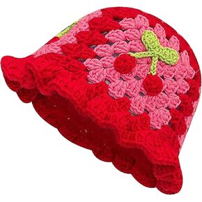 YAMEIZE Handmade Crochet Knitted Bucket Hat - for Women Men Beanies Crochet Hat Floral Bucket Hat Sun Beach Travel Outdoor