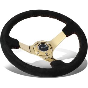 NRG Innovations NRG-RST-036GD-S Reinforced Steering Wheel - 350mm Sport Steering Wheel (3' deep) Black Suede with Red Baseball Stitching - Chrome Gold Spoke