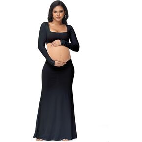 JustVH Maternity Dress for Photoshoot Solid Cut Out Backless Long Sleeve Maxi Photography Pregnancy Dress for Women