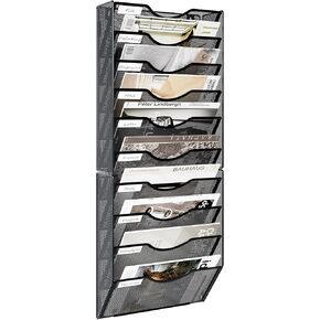 Wall File Holder, 10 Pockets Hanging File Organizer, Wall Mounted Mail Paper Document Storage Rack for Office Home School, Black