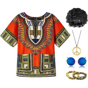 Mainfini Men's Hippie Costume 60s 70s T-Shirt Afro Outfits Accessories Set Peace Sign Necklace