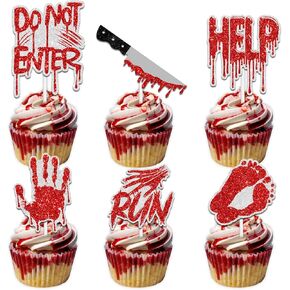Halloween Dessert Cupcake Topper Pick for handprint Footprint Help Run Detective Fantasy Horror Scream Party Theme Decor Supplies Men Women Boys Girls Birthday Party Decoration 18pcs Red Glitter
