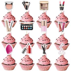 24PCS Makeup Cupcake Toppers - Makeup Cupcake Toppers for Girls Makeup Birthday Party Decorations Cosmetics Cake Toppers Make Up Party Supplies for Bridal Shower Cosmetics Party