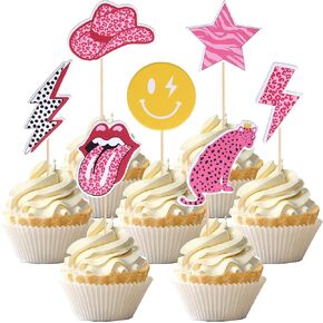 32 PCS Preppy Y2k 2000s Pink Party Cupcake Toppers Lips Face Lightning Leopard Hat Star Bachelorette Cupcake Picks for Preppy Y2k Theme Female Bachelorette Birthday Party Cake Decorations Supplies