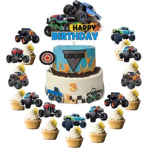 36pcs Monster Truck Cake Decorations - Happy Birthday Cake Toppers & Cupcake Toppers for Monster Truck Themed Party