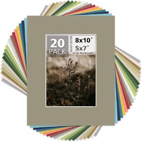 Mat Board Center, Pack of 20, Mixed Colors 8x10 Picture Mats Matting with White Core Bevel Cut for 5x7 Pictures