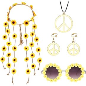 ORAZIO Jewelry Set 5Pcs Hippie Accessories for Women Sunflower Hippie Costume Accessories Set Vintage 70s Headband Retro Hippie Glasses Peace Sign Earrings and Necklace For 60s 70s Party