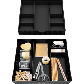 CAXXA 3 Slot Drawer Organizer with 4 Adjustable Dividers - 7 Compartments Junk Drawer Storage for Makeup & Vanity, Office Desk Supplies and Accessories, BLACK (2 pack)