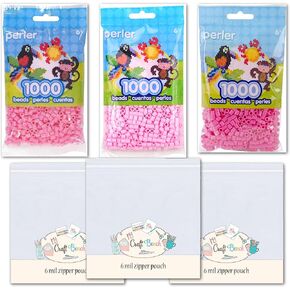 Perler Beads Fuse Beads - 3 Shades of Pink (Cotton Candy, Light Pink, Pink) Bundle with MCB Secure Storage Pocket -Bundle of 6 Items