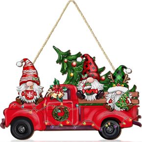 Christmas Wooden Gnome Sign for Front Door, 13.8 Inch Rustic Christmas Wood Welcome Hanging Sign Porch Sign, Christmas Truck Door Hanger for Farmhouse Wall Holiday Indoor Outdoor Decoration (Xmas-03)