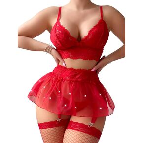 Sexy Stocking Mini Skirt Wireless Mesh Lace Garter Lingerie with Thong Set 4 Pieces