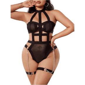 OYOANGLE Women's Plus Size Strappy Harness Cut Out Halter Teddy Bodysuits Garter Babydoll Lingerie