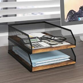 Natwind 4-Tier Stackable Paper Tray, Metal Mesh Desktop Organizer, Wood Board Paper Sorter, Letter Trays,File Document Storage Rack for for Home, Office, School (Retro)