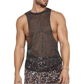 Floerns Men's Sheer Mesh Tee Glitter Round Neck Sleeveless Party Tank Top