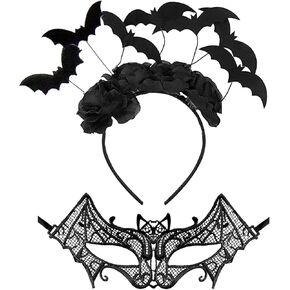 Halloween Black Bat Headband and One Bat Masquerade Mask for Women Bat Halloween Dress Up Costume Accessories