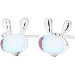 Cute Rabbit Moonstone Mini Stud Earrings 925 Sterling Silver Bunny Animal Cartilage Studs Earring for Women Teen Girls Daughter Hypoallergenic Jewelry Birthday Gifts