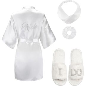 EPLAZA 4 Pcs Bridal Shower Gifts Bride Robe for Wedding Day Set with Slippers Eye Mask Hairband for Bachelorette Party