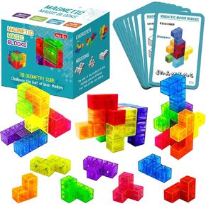 Magnetic Building Blocks, STEM Magic Magnetic 3D Puzzle Cubes, 7 Pcs Preschool Multi Shapes Magnetic Toys with 54 Cards, Montessori Sensory Autism Building Toys for Kids