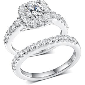 TIKJE 2 in 1 Engagement Rings Set 925 Sterling Silver 1 Carats Artificial Diamond Wedding Band Silver Cubic Zirconia Bridal Promise Ring for Women Size 6-8