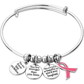 Ribbon Breast Cancer Awareness Believe Braver Stronger Beautiful Adjustable Bangle Charm Bracelet Women Gifts