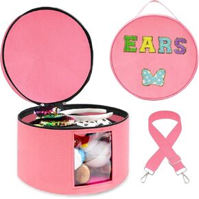 Chenille Letter Bow Mouse Ears Travel Case,Large Round Tiara Tote Storage Box,Headband Ears Display Storage Box with Shoulder Straps for Hairband,Tiara and Hair Accessories Storage Travel Picnic Park