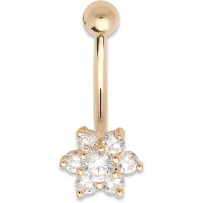 JewelryWeb - Solid 14k Gold Cubic Zirconia Flower Belly Button Ring -7mm x 22mm - Gold Belly Rings for women - Hypoallergenic - Belly Button Piercing - Belly Rings Dangle