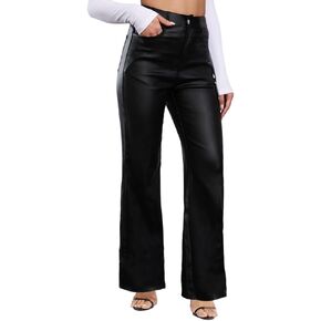 Women's Faux Leather Pants PU Wide-Leg Loose Flared Black Leather Pants with Buttons Pockets