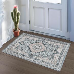 Foxmas 6x9 Area Rugs for Living Room, Machine Washable Vintage Rug, Non-Slip Low Pile Throw Rugs with Rubber Backing Washable Carpet for Bedroom Dining Room Kitchen Home Decor, Blue