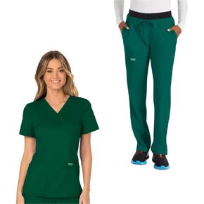 Cherokee Women's Scrub Set Mock Wrap Top with Princess Seams WW610 Mid Rise Tapered Leg Elastic Waist Drawstring Pant WW105, Hunter Green- L Top/L Pant