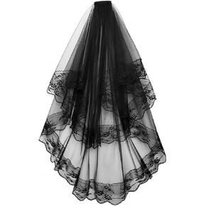 Black Lace Wedding Veil,Halloween Party Veil with Comb Cosplay Veil Accessories for Women