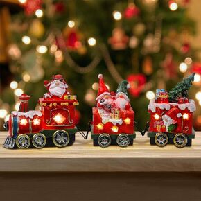 ANALIM Christmas Table Decorations, Lighted Train Decorations Resin Santa Claus Gnomes on Carriage Train Christmas Table Centerpieces for Indoor Home Tabletop Decorations