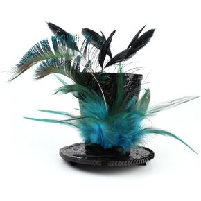 Fascinator Hat, Top Hat with Feather for Women, Green Leather