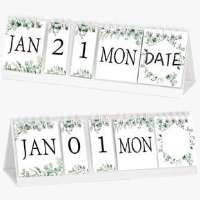 Green Leaves Perpetual Flip Calendar Desk Calendar Greenery Desktop Calendar for Office Spiral-bound Calendar Classroom Supplies Calendar with Day Date Month Display Planner Home Decor 8.74X2.76 Inch