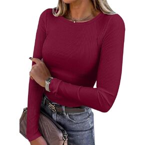 Women Long Sleeve Crewneck Rib Knit Slim Fit Shirts Basic Tee Tops 2024 Casual T-Shirt Going Out Workout Outfits