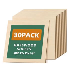 30 Pack Basswood Sheets 1/8", 12 x 12 Plywood Basswood Sheets for Laser Cutting and Engraving, 3 mm Unfinished Wood Sheets Basswood for Wood Burning Models Carving Painting DIY Ornaments