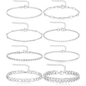 Tornito 8Pcs Ankle Bracelets for Women Stainless Steel Waterproof Layered Cuban Figaro Link Chain Rope Paperclip Herringbone Satellite Bead Anklets Set Summer Beach Jewelry Gold Silver Tone 8.5 Inch