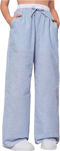 GORGLITTER Girl's Striped Wide Leg Linen Pants High Waisted 2 in 1 Casual Drawstring Long Pants in Saudi Arabia