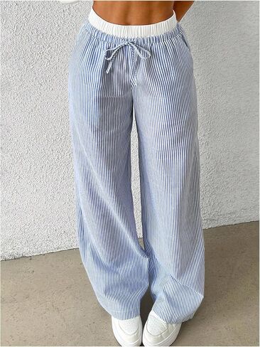 GORGLITTER Girl's Striped Wide Leg Linen Pants High Waisted 2 in 1 Casual Drawstring Long Pants in Saudi Arabia