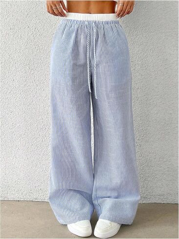 GORGLITTER Girl's Striped Wide Leg Linen Pants High Waisted 2 in 1 Casual Drawstring Long Pants in Saudi Arabia