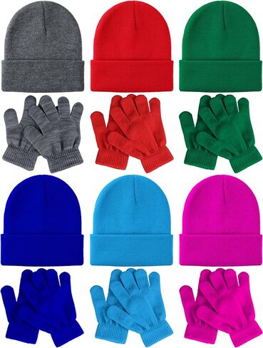 Glooarm 12 Pack Kids Winter Beanies Hats Gloves Set, Boys Warm Winter Caps Knit Full Fingers Gloves for Boys Girls in Saudi Arabia