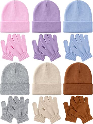 Glooarm 12 Pack Kids Winter Beanies Hats Gloves Set, Boys Warm Winter Caps Knit Full Fingers Gloves for Boys Girls in Saudi Arabia