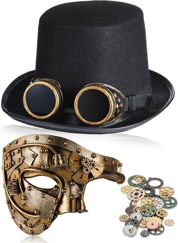 Libima Steampunk Costume Accessories for Men Halloween Vintage Steampunk Top Hat Victorian Style Goggles Venetian Masquerade Mask Metal Steampunk Gears Charm for Gothic Costume Cosplay Party in Saudi Arabia