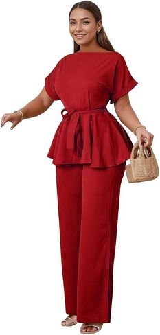 WUSENST Women's 2 Piece Outfits Suit Set Round Neck Short Sleeve Top Long Pants Church Office Business Work Wear in Saudi Arabia
