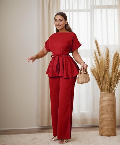 WUSENST Women's 2 Piece Outfits Suit Set Round Neck Short Sleeve Top Long Pants Church Office Business Work Wear in Saudi Arabia