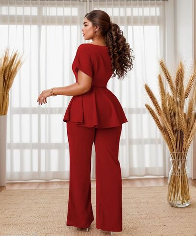WUSENST Women's 2 Piece Outfits Suit Set Round Neck Short Sleeve Top Long Pants Church Office Business Work Wear in Saudi Arabia