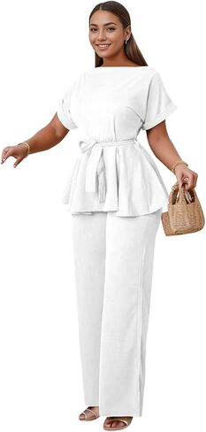 WUSENST Women's 2 Piece Outfits Suit Set Round Neck Short Sleeve Top Long Pants Church Office Business Work Wear in Saudi Arabia
