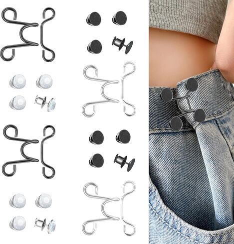 24 قطعة بدون خياطة سروال قابل للتعديل الخصر مشبك موسع مجموعة جينز 2 نمط 4 مجموعة بانت الخصر مشدود لتنورات الجينز (أسود، فضي) in Kuwait