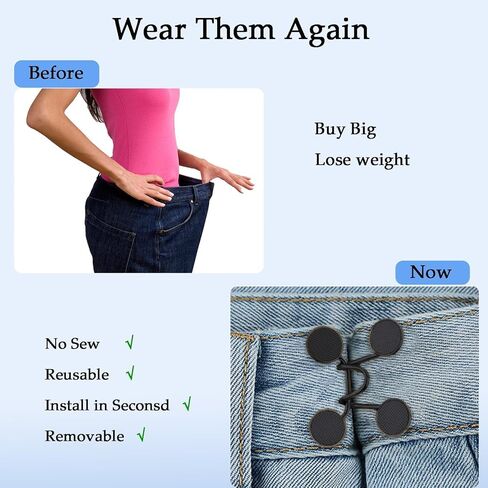 24 قطعة بدون خياطة سروال قابل للتعديل الخصر مشبك موسع مجموعة جينز 2 نمط 4 مجموعة بانت الخصر مشدود لتنورات الجينز (أسود، فضي) in Kuwait